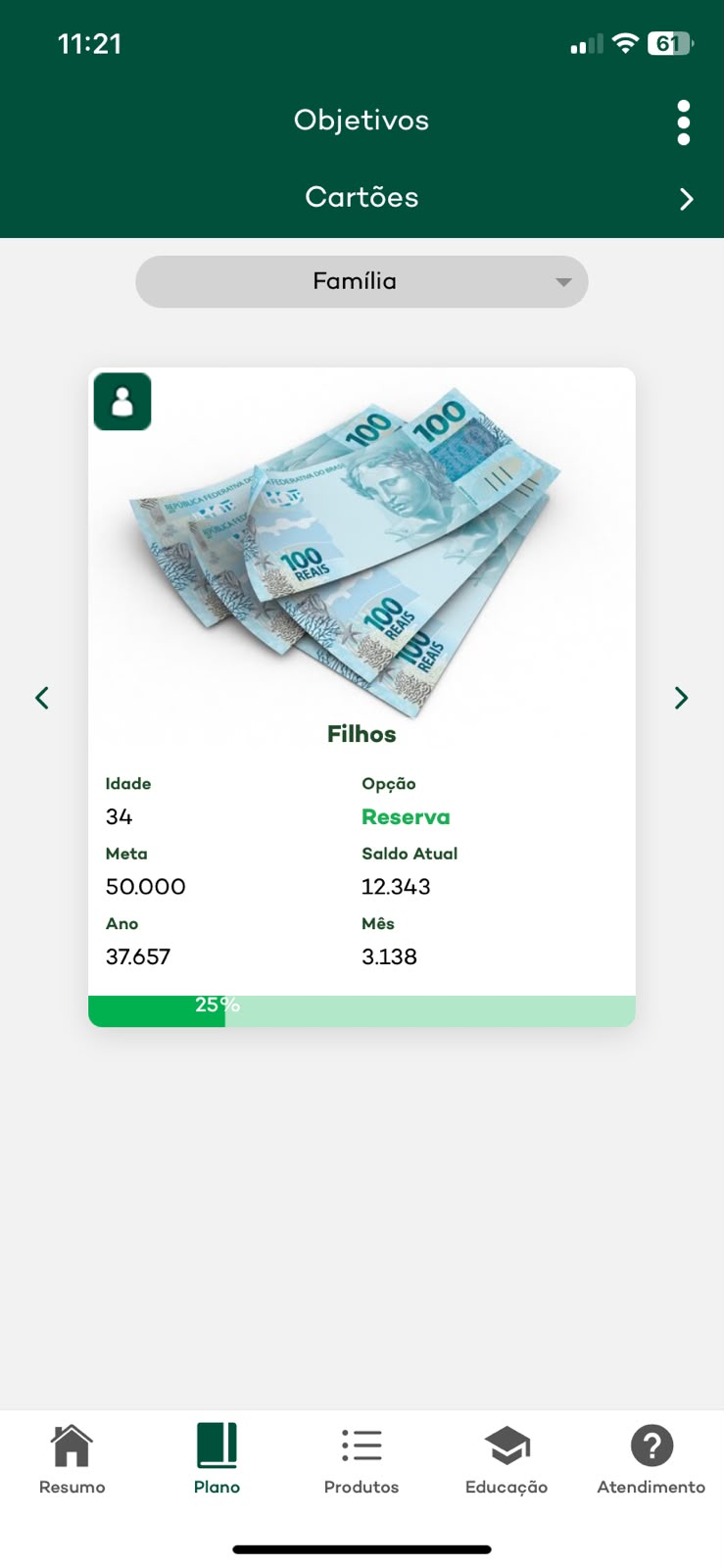 Meu Plano mostrando o acompanhamento de objetivos financeiros